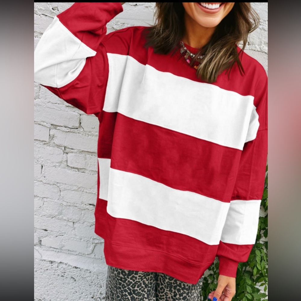 1061. ❄️Striped Colorblock drop shoulder sweatshirt red and white